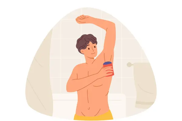 Adam koltukaltlarındaki terden kurtulmak için deodorant kullanıyor. Gövdesi çıplak bir şekilde banyoda duruyor. Adam işe gitmek için hazırlanıyor ya da sabah yürüyor, başkaları üzerinde iyi bir izlenim bırakmak için deodorant kullanıyor.