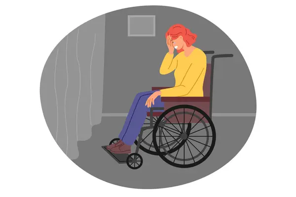 Stock vector Woman sits on wheelchair and cries, being alone near window, feeling inferior and abandoned due to lack of help. Girl on wheelchair lost opportunity to walk in park after getting into car accident