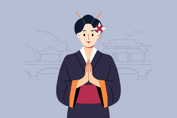 Geleneksel Japon kimonosu giymiş geyşa kadın, geleneksel doğu binalarıyla parkın yakınında durarak konishua jesti yapıyor. Asya ülkesinden gelen geyşalar selamlama işareti olarak göğsünün önünde avuçlarını büker.