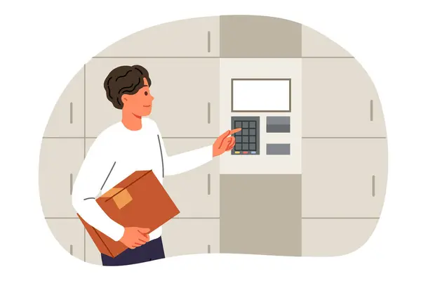 Adam paket göndermek ya da geçici olarak terminalde saklamak için self-servis posta büfesi kullanıyor. Elinde kutu olan adam kutuyu kurye servisine transfer etmek için elektronik posta kulübesinde şifreyi giriyor.