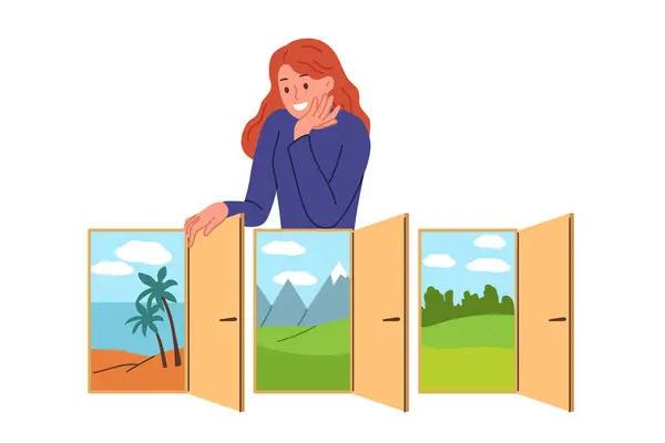 Kadın gezgin seyahat planı yapar ve dinlenmek için bir yer seçer, plaj ya da dağların olduğu kapının yanında durur. Seyahat acentesinden kız müşterilere aktif ve pasif dinlenme seçenekleri sunuyor