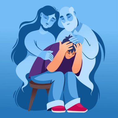 Ebeveynlerin ruhları, anne ve babasının yasını tutan, ağlayan, başı öne eğik oturan üzgün oğlunu destekliyor. Yetim çocuk yetimhaneye gönderildikten sonra anne-babasının yokluğundan muzdarip..