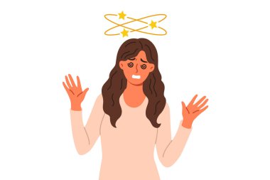 Woman feels dizzy caused by hangover or intracranial pressure, stands with stars above head. Problem of dizzy or dizziness in girl experiencing problems with well-being and health. clipart
