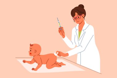 Woman pediatrician gives injection in butt of infant to preventively protect newborn from viruses. Pediatrician girl vaccinates small patient, holds syringe with medicine that improves immunity.