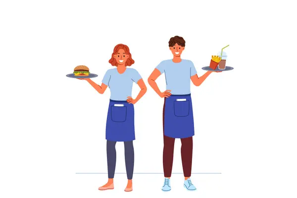 Fast food restoranındaki garsonlar müşterileri sipariş vermek, hamburger ve patates kızartmasını tepside taşımak için birlikte çalışırlar. Kadın ve erkek, kafede garsonluk yapıyor, konukseverlik sektöründe iş arıyor.