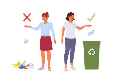 Conscious woman throwing plastic into trash can, standing near deep girl throwing waste on ground. Concept of population literacy in recycling waste and developing caring attitude towards environment clipart