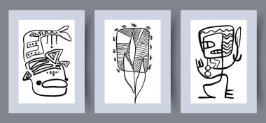 Soyut balık insan duvar resimleri yerleştirir. İnsanlarla çağdaş dekoratif arka plan. Hazır, bohça. Basılabilir, en az soyut balık posteri. İç tasarım için duvar çalışması.