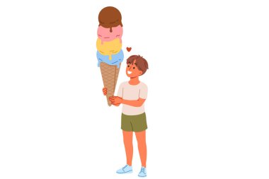 Büyük dondurmalar çocukların ellerinde. Tatlı tatlılara bakıyorlar. Sıcak yaz günlerinde serinlemelerine izin veriyorlar. Organik şuruplar ve taze sütten yapılmış waffle külahında meyveli dondurma..