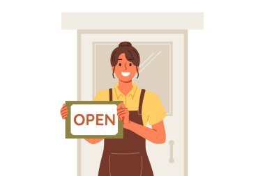 Kadın garson, restoranın kapısında açık duran ve ziyaretçi olmaya davet eden yazıtları gösteriyor. Misafirperver kız garson ya da yemek endüstrisinde küçük bir işletme sahibi, önlük giymiş.