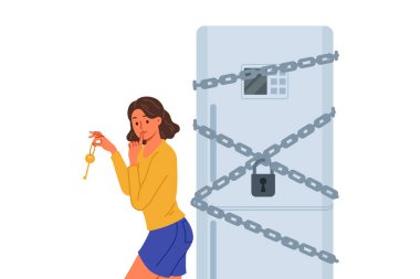 Kadın tüketilen yiyeceklerin kalorisini azaltmak için diyet kilitli buzdolabına başlıyor. Komik kız, irade ve motivasyon eksikliğinden dolayı diyeti bırakıp akşam yemeği yemek istiyor.