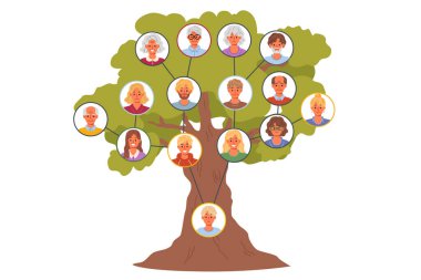 Cinsiyet ve akrabalar arasındaki bağlantıları takip etmek için farklı nesillere sahip bir soy ağacı. Anne, baba ve büyükbaba portreleri olan çocuk soyağacı. Ataların hafızasının önemi kavramı için.