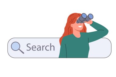 Eğitici araştırmalar için internet araması yapan bir kadın. Elinde dürbünle arama çubuğunun yanında duruyor. Sosyal ağlardan müşteri çekmek için SEO 'nun web sitesi ve arayüzü optimizasyonu kavramı