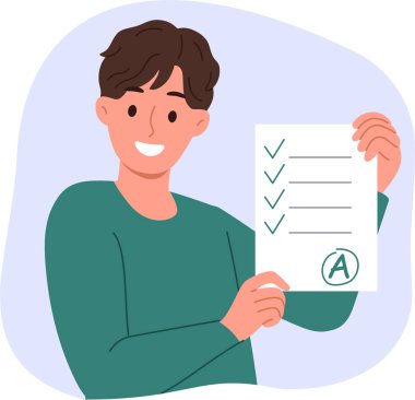 Erkek öğrenci sınavı A notuyla gösteriyor. Sıkı çalışmayla elde edilen mükemmel sonuçla gurur duyuyor. İyi bir eğitim almış liseli çocuk, burslu olarak üniversiteye gitmek istiyor.