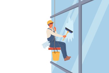 Endüstriyel tırmanışçılar, yüksek irtifada sallanan bir kova su ve fırça kullanarak gökdelenlerin camlarını siler. Endüstriyel tırmanışçıların tehlikeli çalışmaları yüksek binaların duvarlarından toprağı temizliyor.