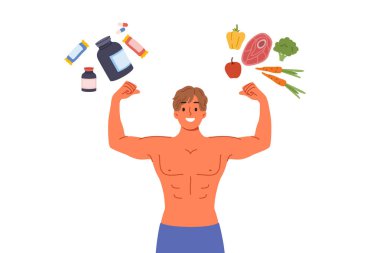 Çıplak gövdeli erkek vücut geliştirici spor beslenmesi ve doğal ürünler altında duruyor. Güçlü adam poziyonundaki pozitif adam organik besinlere ek olarak protein ve bcaa tüketmeyi öneriyor.