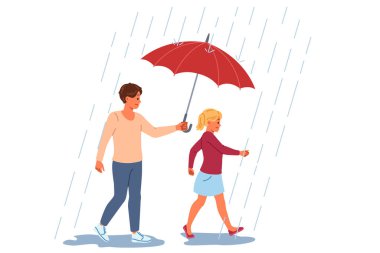 Şefkatli bir baba, kızını yağmurdan korur. Şemsiye kullanır ve mutlu bir şekilde yürür. Küçük kız yağmurda mutlu babasıyla yürüyor, kendini güvende hissediyor, babasının desteği sayesinde.