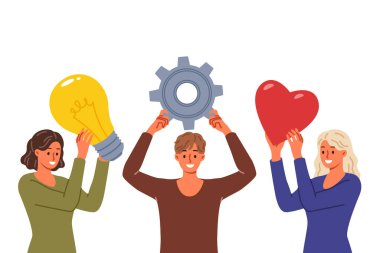 Bir grup insan fikir aramak için beyin fırtınası yapıyorlar. Ampul, ekipman ya da kalbi olan ikonlar tutuyorlar. Mutlu ekip sosyal ağlarda pazarlama planı ve smm stratejisini tartışıyor