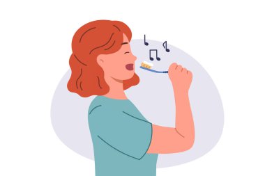 Ergen kız sabah dişlerini fırçalıyor ve ağız boşluğunun tadını çıkararak şarkılar söylüyor. Neşeli kadın yemek yedikten sonra kötü kokan nefesinden kurtulmak için dişlerini fırçalıyor..