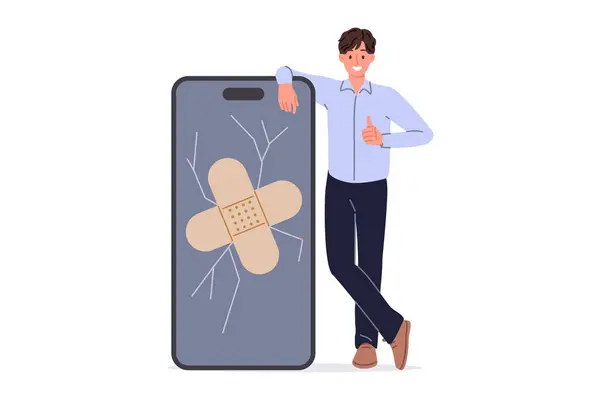 Stock vector Phone screen repair from man covering cracked display with medical plaster and showing thumbs up. Repairing phone and restoring functionality of gadget yourself after smartphone falls on asphalt