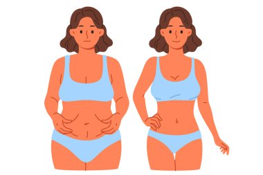 Zayıf kadın yeni diyet yapmadan önce ve sonra sonuçları karşılaştırır ya da spor salonuna kişisel antrenörle katılır. Mayolu zayıf kız, cerrah tarafından yapılan liposuction 'ın mükemmel etkisini gösteriyor.