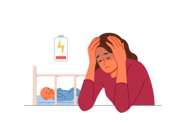 Bekar bir anne doğum sonrası depresyon geçirir ve çocuk yetiştirmek için gereken enerjiden yoksundur. Uyuyan bebekle beşiğin yanında oturan üzgün genç kızda doğum sonrası depresyon sorunu.