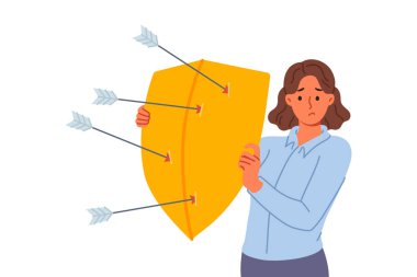 Üzgün kadın, yaralanmamak için kalkanla kaplanarak düşmanlarının oklarından korunuyor. Kız savunma mekanizmasını savunuyor ve gösteriyor ki bu da temel bir düzensizlikten kurtulmamızı sağlıyor.