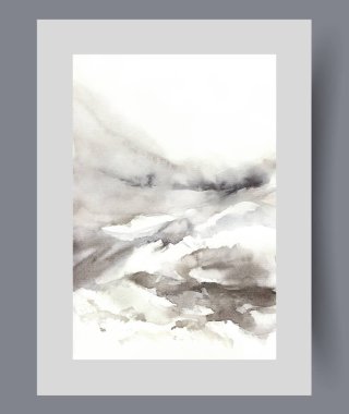 Kuzey bölgesinde karla kaplı dağlarla kaplı kış manzarası, soğuk karlı iklimle. Alplerin ya da Alaska 'nın kış doğasına sahip minimalist poster, ev ya da apartman duvarlarını süslemek için.