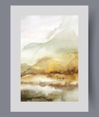 Sonbahar doğası, yüksek dağların eteğinde ağaçlarla ya da çalılarla sararmış yapraklarla. Suluboya sanat eserleri ekolojik olarak temiz doğa manzarası ve bitkiler ön planda nehre yansıyor.