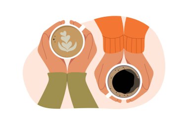 Cups of hot coffee in hands of friends enjoying taste of warm drink that allows to fill body with vigor. Delicious black coffee and cappuccino or latte in hands of friends having coffeebreak clipart