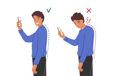 Sık sık cep telefonu kullanımı ve dijital bağımlılık yüzünden boynunda kelepçe var. Kayropraktöre ya da masaj terapistine ihtiyacı olan genç adamda duruş ve omurilik eğriliği sorunları var.