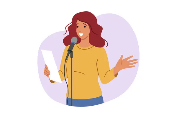 Kadın konuşmacı alenen konuşuyor, mikrofonun yanında duruyor ve izleyiciler için kendi şiirlerini okuyor. Gülüşlü kız konuşmacı, tek kişilik stand-up programı hazırlıyor. Esprili ve hayattan komik hikayeler anlatıyor.