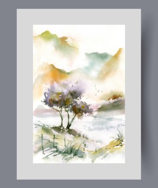 Tepenin yamacında büyüyen ağaç ve parlak güneş ışınlarıyla aydınlatılan ufuktaki yüksek dağların olduğu yaz manzarası. Doğal parkta akan yaz doğası ve nehir ile suluboya poster. Duvar sanatı, baskı