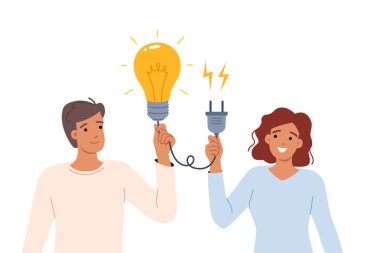 Sinerji, elinde soketi olan dev ampulü tutan kadın ve erkek için parlak bir fikir bulmaktır. Sinerji etkisi, girişimi geliştiren iki ofis çalışanının işbirliğiyle ortaya çıktı