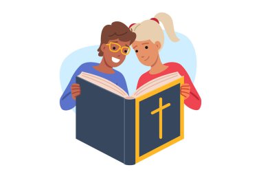 Çocuklar, küçük bir çocuk ve kızın ellerinde Katolik inancı üzerine Hıristiyan edebiyatı okuyorlar. Çocuklar İncil 'i kapağında dini haçla okurlar. İncil' i erişilebilir bir dille açıklamak için.