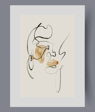 Posterde kız yüzü oluşturan çizgilerle soyut kadın portresi. Suluboya sanat eseri. Estetik elementlerden yapılmış kadın kafasının minimalist görüntüsüne sahip duvar sanatı, baskı için dekorla çerçevelenmiş
