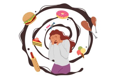 Yemek düşüncesi, psikolojik bozukluğu olan ve şişmanlama korkusu olan kadınlarda korku ve paniğe neden olur. Fast food bağımlılığı ve sağlıksız tatlılar veya diyete ihtiyacı olan bir kızda yüksek kalorili sandviçler.