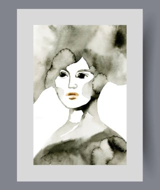 Duvar sanatında şapka ve elbiseye benzeyen siyah benekleri olan zarif bir kadının portresi. Suluboya sanat eseri. Çekicilik ve cazibe sergileyen bir kadın, poster için dekorasyonlu bir çerçeve..