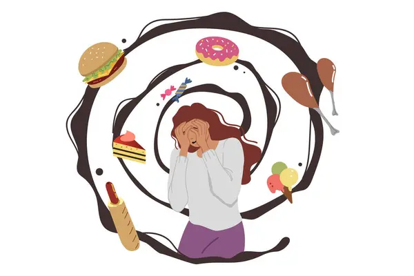 Yemek düşüncesi, psikolojik bozukluğu olan ve şişmanlama korkusu olan kadınlarda korku ve paniğe neden olur. Fast food bağımlılığı ve sağlıksız tatlılar veya diyete ihtiyacı olan bir kızda yüksek kalorili sandviçler.