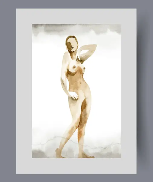 Çıplak kadın erotik pozlar alıyor, güzel vücudunun basılmasından gurur duyuyor. Suluboya poster. Çıplak kız modeliyle sanat eseri. Sanatçı tarafından çıplak bir şekilde çizilmiş. Çerçevede duvar sanatı için dekorasyon yapılmış.