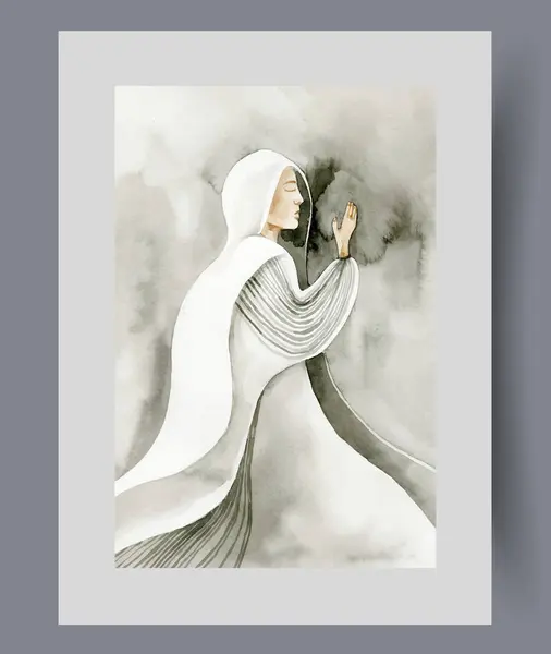 Dua eden kadın dizlerinin üzerinde, avuç içlerini posterin üstüne kaldırıyor. Suluboya sanat eseri. Duvar, uzun elbiseler ve peçelerle süslenmiş koyu renk giyinmiş, dua eden inançlı bir kızla dolu.