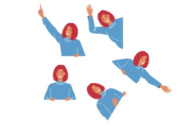 Beyaz afişi olan ya da reklam için yeri olan bir kadın el sallıyor ya da reklam teklifini işaret ediyor. Satış sezonunda tanıtım şirketleri için çekici bir kızdan pazarlama teklifi