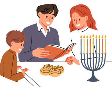 Yahudi ailesi Hanuka gününü kutlar ve birlikte kutsal kitap okurlar. Masa ve reşit olmayanların yanında dururlar. Yahudi anne ve baba küçük oğluna ansiklopedi okurlar, İsrail halkının geleneklerinden bahsederler.