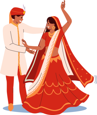 Hintli çift, geleneksel Hint kültürünü icra ederek, ulusal kıyafetlerle düğün dansı yapıyor. Hintli gelin ve damadın düğün seremonisi yeni bir aile kurma sevinci ile