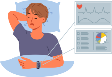 Uyuyan adamın elindeki akıllı bilezik kalp atışlarını ve uyku kalitesi göstergelerini izliyor. Uyuklayan adamın bileğindeki uyku takipçisi yatakta yatıyor ve aletlerin yardımıyla kendi sağlığıyla ilgileniyor.