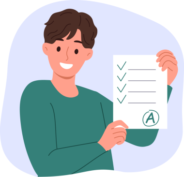 Erkek öğrenci sınavı A notuyla gösteriyor. Sıkı çalışmayla elde edilen mükemmel sonuçla gurur duyuyor. İyi bir eğitim almış liseli çocuk, burslu olarak üniversiteye gitmek istiyor.