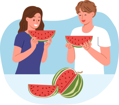 Erkek ve kadın karpuz yer, sıcak havada susuzluğu gideren sulu meyvenin tadını çıkarırlar. Tatmin olmuş erkek ve kızın lezzetli karpuz parçaları organik gıda yemeyi öneriyor.