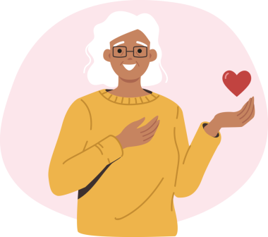 Nazik yaşlı kadın kalbi elinde tutuyor ve ekranlara bakıp gülümsüyor, şefkat ve sevgi istiyor. Yaşlı kadın, yaşlıların yaşam süresini artırmak için yapılan bağışların önemini hatırlatıyor..