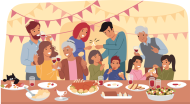 Şükran Günü arifesinde aile partisi. Farklı yaşlarda mutlu insanlar tatil masasının yanında. Aile Noel 'i ya da çocuklar ve yetişkinler için doğum günü partisi. Dostça bir ortamda yemeğin tadını çıkarıyorlar.
