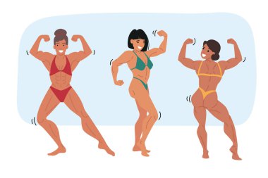 Kadınlar vücut geliştirme yarışması, kaslı vücutlar ve bikiniler içinde duran büyük pazılarla modeller. Kızlar vücut geliştirmeye ve rakiplerini yenmek için sportif bir yaşam tarzına düşkündür.
