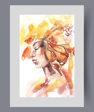 Güzellik salonunda afiş için saç yerine parlak vuruşlar yapan bir kız. Suluboya sanat eseri. Çekici bir kızın gözlerini kapadığı duvar sanatı ve baskı için dekoru olan bir çerçeve.